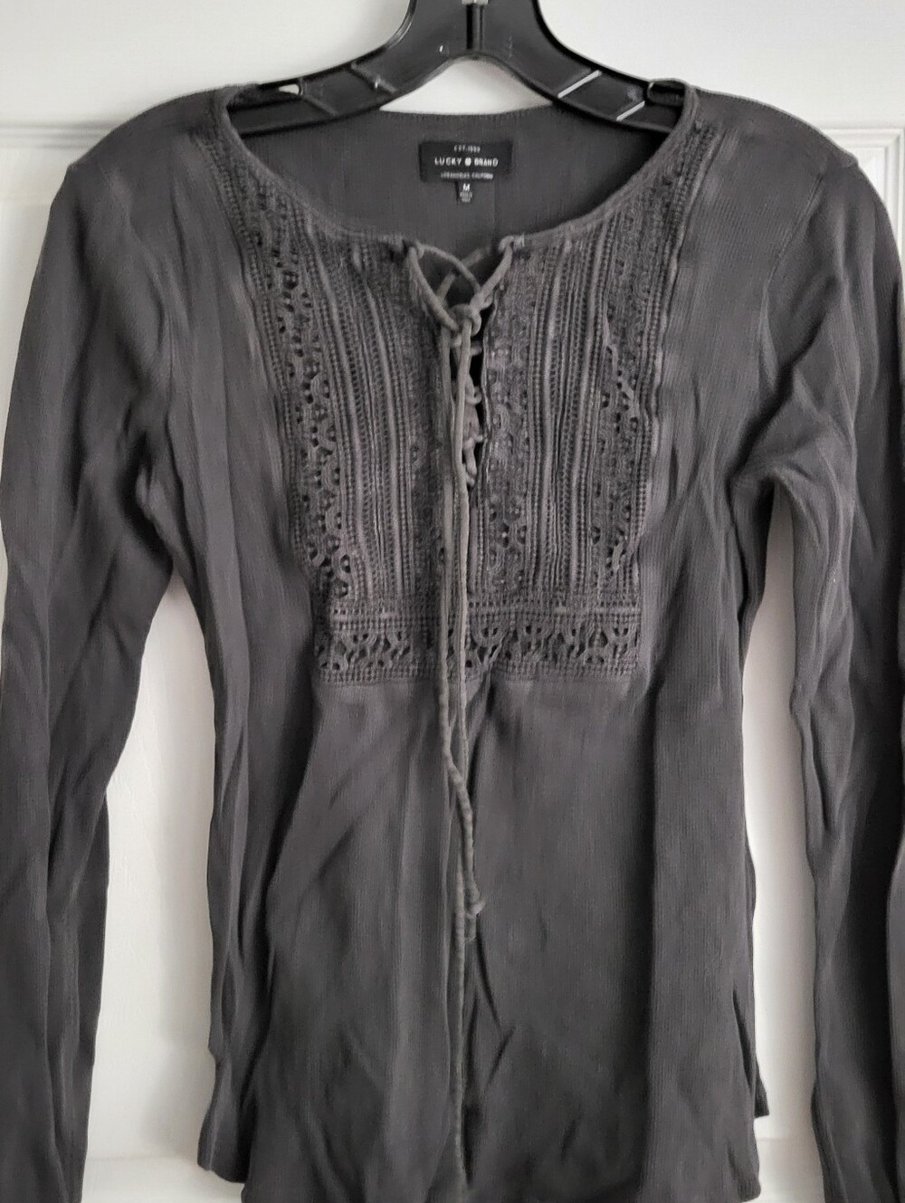 Lucky Brand Women's Charcoal Lace-Up Embroidered Long Sleeve Top